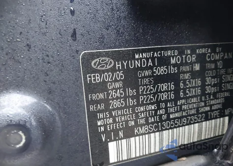 2005 Hyundai Santa Fe Gls from USA, damaged, VIN KM8SC13D55U973522